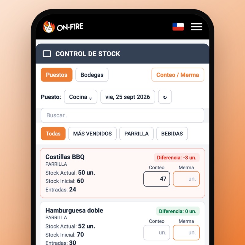 Control de stock de OnFire en el celular: deberían quedar 50 costillas, se contaron 47, faltan 3